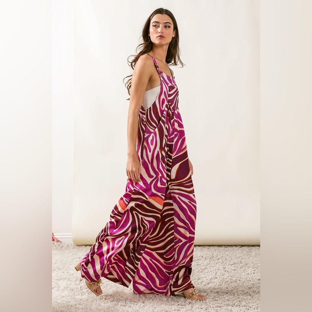 SATIN ZEBRA PRINT WIDE LEG JUMPSUIT BY BiBi. Bohemian style Overall - Picture 4 of 9